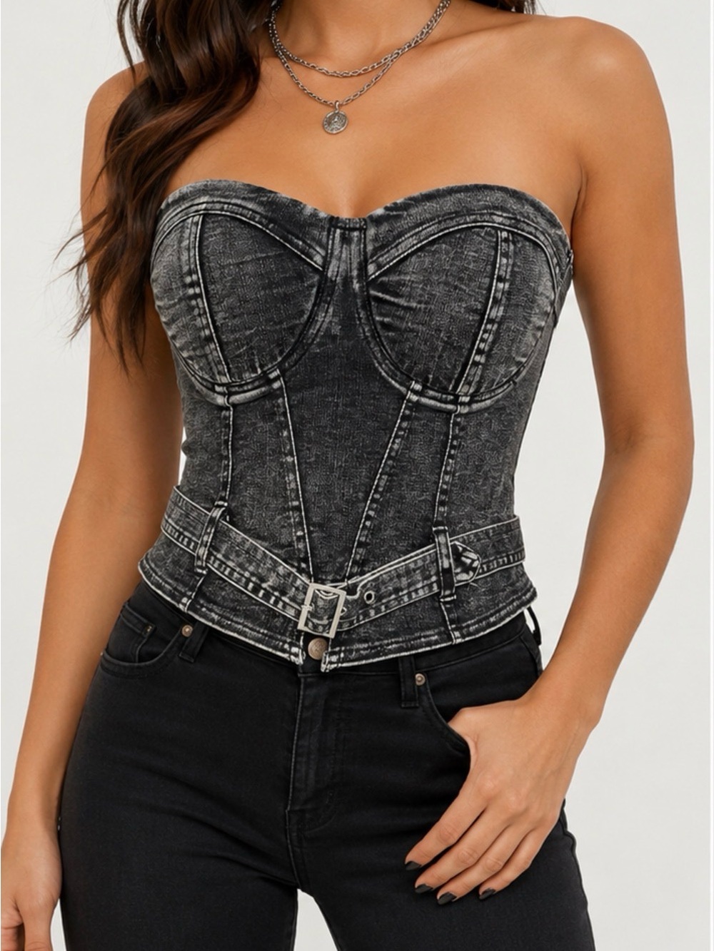 Say What? XL Black Acid Wash Denim Corset Bustier Tube Top Belted Y2K Gothic. L